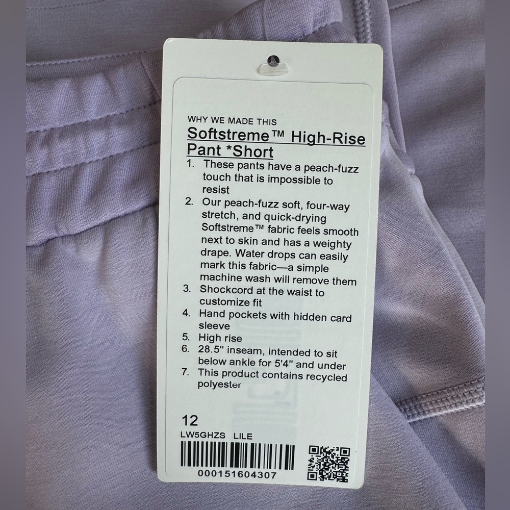NWT Lululemon Softstreme High-Rise Pant Short in Lilac Ether, size 12